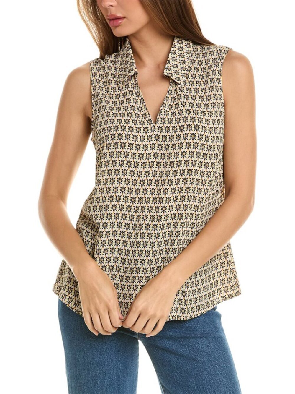 Cabi Bit map top blouse shirt sleeveless yellow geometric v-neck collar new L